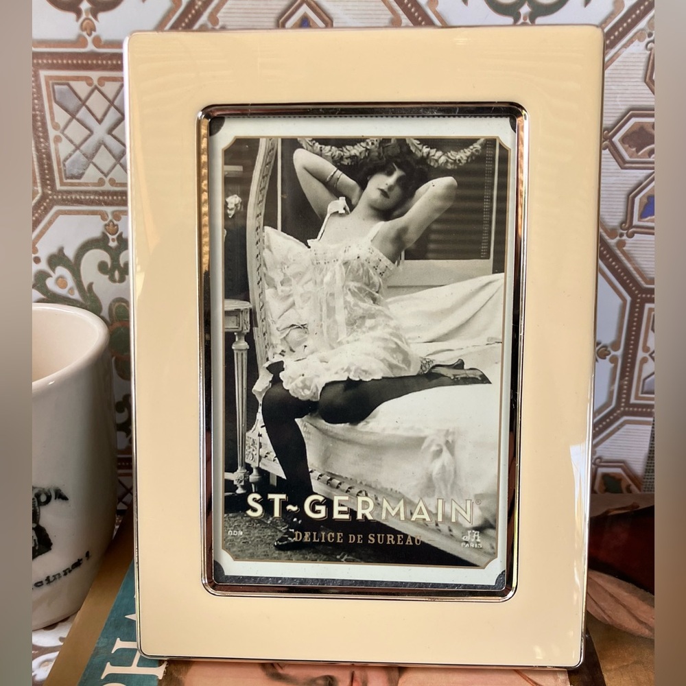 Papyrus Enamel photo Frame With St. Germaine French Boudoir Postcard